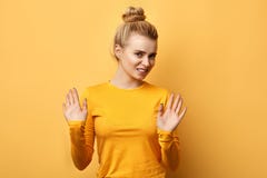 Beautiful irritated young woman raising hands royalty free stock photos Beautiful irritated young woman raising hands royalty free stock photos