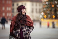 Beautiful Joyful Woman Portrait In A City. Smiling  Girl Wearing Warm Clothes And Hat  In Winter Or Autumn Stock Photo