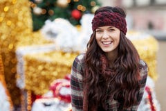Beautiful Joyful Woman Portrait In A City. Smiling  Girl Wearing Warm Clothes And Hat  In Winter Or Autumn. Christmas Time With Royalty Free Stock Photography