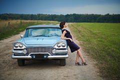 Beautiful Lady Standing Near Retro Car Royalty Free Stock Photography