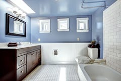Beautiful lavender bathroom with white wall trim