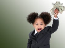Beautiful Little Business Woman And Money Over Green Background Royalty Free Stock Photography