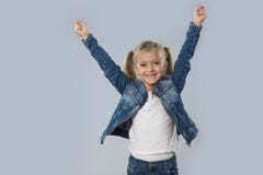 Beautiful Little Girl Excited Hold Hands Up Happy Smiling Wear Jeans Coat Isolated Royalty Free Stock Photos Beautiful Little Girl Excited Hold Hands Up Happy Smiling Wear Jeans Coat Isolated Royalty Free Stock Photos