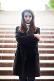 Beautiful lonely woman portrait standing on underground stairs stock image Beautiful lonely woman portrait standing on underground stairs stock image