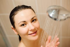 Young Woman Taking Shower, Full Naked Uncovered With Wet 