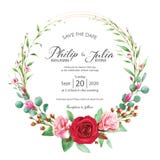 Beautiful red and pink floral, flower wedding invitation card on white background. Vector, water color. Rose, magnolia.