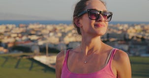 Positive young woman enjoying the view of Sicily stock video Positive young woman enjoying the view of Sicily stock video