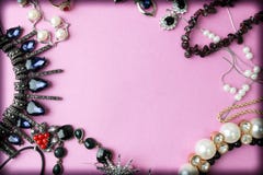 Beautiful precious shiny jewelery trendy glamorous jewelry set, necklace, earrings, rings, chains, brooches with pearls stock image Beautiful precious shiny jewelery trendy glamorous jewelry set, necklace, earrings, rings, chains, brooches with pearls stock image