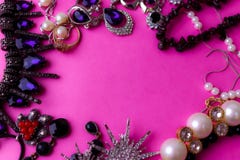 Beautiful precious shiny jewelery trendy glamorous jewelry set, necklace, earrings, rings, chains, brooches with pearls royalty free stock image Beautiful precious shiny jewelery trendy glamorous jewelry set, necklace, earrings, rings, chains, brooches with pearls royalty free stock image