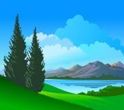 Beautiful Riverside Pine Trees among Hills stock illustration Beautiful Riverside Pine Trees among Hills stock illustration