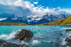 Beautiful scenic landscape at Lake Pehoe and Cuernos del Paine Mountains royalty free stock photography Beautiful scenic landscape at Lake Pehoe and Cuernos del Paine Mountains royalty free stock photography