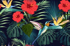Beautiful seamless vector floral summer pattern background with hummingbird, exotic flowers and palm leaves. royalty free illustration Beautiful seamless vector floral summer pattern background with hummingbird, exotic flowers and palm leaves. royalty free illustration