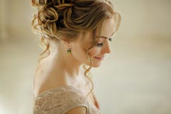 Beautiful sensual young blond woman smiling and looking down.Portrait closeup stock photography Beautiful sensual young blond woman smiling and looking down.Portrait closeup stock photography