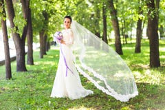 beautiful sensual young brunette bride in long white wedding dress and veil outdoors Royalty Free Stock Image beautiful sensual young brunette bride in long white wedding dress and veil outdoors Royalty Free Stock Image