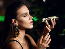 Beautiful fashion brunette woman in expensive interior restaurant eat oysters stock photo Beautiful fashion brunette woman in expensive interior restaurant eat oysters stock photo