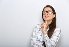 Beautiful smiling positive successful business woman in glasses looking up with confident emotion royalty free stock images Beautiful smiling positive successful business woman in glasses looking up with confident emotion royalty free stock images