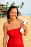 Beautiful Smiling Young Woman With Laptop On Beach Royalty Free Stock Photo