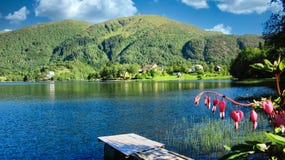 Beautiful Summer Landscape With Lake, Mountains, Green Forest And Blue Sky With White Clouds In Sunlight Royalty Free Stock Photos Beautiful Summer Landscape With Lake, Mountains, Green Forest And Blue Sky With White Clouds In Sunlight Royalty Free Stock Photos
