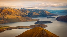 Beautiful sunrise landscape view from Roy`s peak, New Zealand stock image Beautiful sunrise landscape view from Roy`s peak, New Zealand stock image