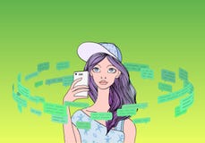 Beautiful teenage girl with a smartphone in the circle of text messages and speech bubbles. Social media concept. Line stock illustration Beautiful teenage girl with a smartphone in the circle of text messages and speech bubbles. Social media concept. Line stock illustration