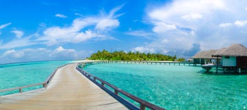 Beautiful Tropical Beach With Bungalos Panorama View At Maldives Royalty Free Stock Images Beautiful Tropical Beach With Bungalos Panorama View At Maldives Royalty Free Stock Images