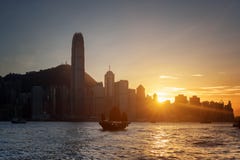 Beautiful view of skyscrapers in downtown of Hong Kong at sunset stock photos Beautiful view of skyscrapers in downtown of Hong Kong at sunset stock photos