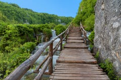 Beautiful View Of Waterfalls With Turquoise Water And Wooden Pathway Through Over Water. Plitvice Lakes National Park, Croatia. Fa Royalty Free Stock Images