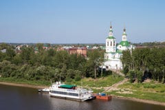 Beautiful view of the ship and the church in the background royalty free stock photography Beautiful view of the ship and the church in the background royalty free stock photography