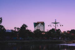 Beautiful view of a tall glass business building with tall swings on the side stock image Beautiful view of a tall glass business building with tall swings on the side stock image