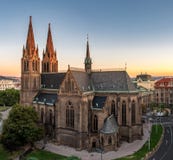 Church of Saint Ludmila, Prague, Czech Republic. Morning sunlight on towers of the church. Stock Image Church of Saint Ludmila, Prague, Czech Republic. Morning sunlight on towers of the church. Stock Image