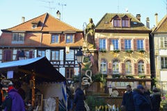 Beautiful Village Riquewihr With Historic Buildings And Colorful Houses In Alsace Of France - Famous Vine Route. Stock Image