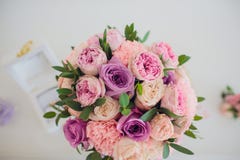Beautiful Wedding Bouquet In Bride`s Hands. Hydrangea, Eustoma, Roses In Bride`s Bouquet. Stock Image