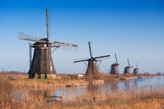 Beautiful Windmill Landscape At Kinderdijk Royalty Free Stock Photo
