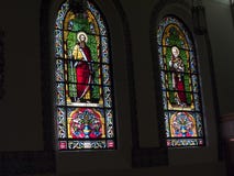 The beautiful windows of the Loretto Chapel in the Cathedral of St Francis of Assisi in Santa Fe New Mexico