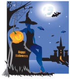 Beautiful witch with pumpkin in graveyard. stock illustration Beautiful witch with pumpkin in graveyard. stock illustration