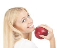 Beautiful Woman Biting A Red Apple Stock Photography
