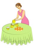 Beautiful woman is cooking. The lady pours tea into cups. The girl sets the table. Vector illustration stock illustration Beautiful woman is cooking. The lady pours tea into cups. The girl sets the table. Vector illustration stock illustration
