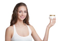 Woman holding jar of cream royalty free stock photography Woman holding jar of cream royalty free stock photography