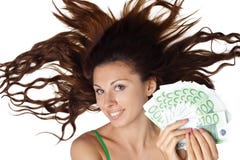 Beautiful Woman Lying And Hold Money Euro Royalty Free Stock Photography