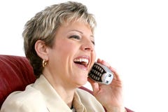 Beautiful Woman Speaking On A Cordless House Phone Over White