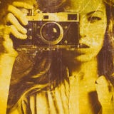Beautiful Woman Taking Photos With Retro Film Camera Stock Image