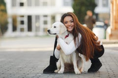 Beautiful Woman With Beloved Dog Outdoors Royalty Free Stock Image