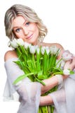 Beautiful Woman With Tulips On Isolated White Royalty Free Stock Photography