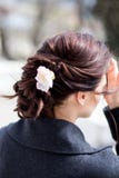 Beautiful young dark haired woman with creative plait hairdo with a flower stock photos Beautiful young dark haired woman with creative plait hairdo with a flower stock photos