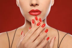 Beautiful young woman with bright manicure on color background. Nail polish trends royalty free stock images Beautiful young woman with bright manicure on color background. Nail polish trends royalty free stock images