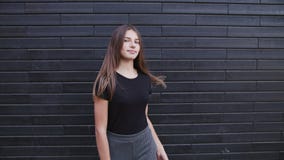 A beautiful young woman with brown hair smiling on a windy day slow motion royalty free stock images A beautiful young woman with brown hair smiling on a windy day slow motion royalty free stock images