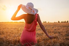 Beautiful young woman with brown hear wearing rose dress and hat enjoying outdoors looking to the sun on perfect wheat field on stock images Beautiful young woman with brown hear wearing rose dress and hat enjoying outdoors looking to the sun on perfect wheat field on stock images