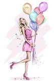 Beautiful young woman with colorful birthday balloons.