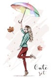 Beautiful young woman with colorful umbrella. Stylish hand drawn girl in fashion clothes. Fashion woman. Sketch.