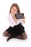 Beautiful young woman holding digital tablet sitting on the floor royalty free stock image Beautiful young woman holding digital tablet sitting on the floor royalty free stock image
